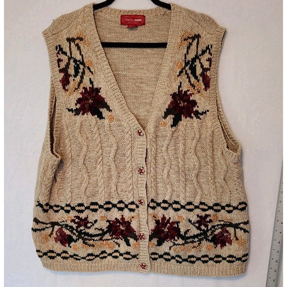 Vtg Venezia Women's 22/24 Chunky Sweater Vest Tan Cable Knit Pointsettia